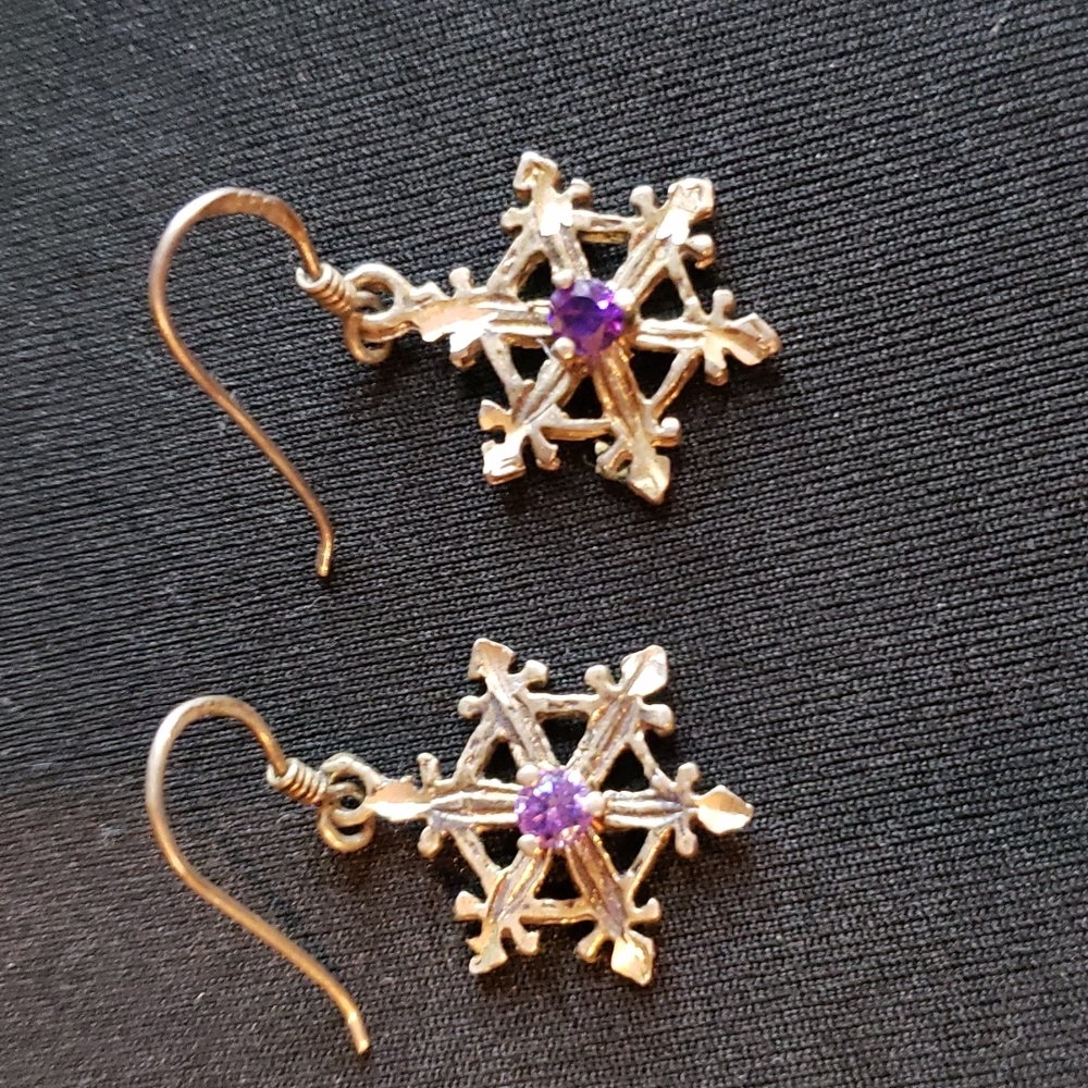 Sterling Silver purple crystal snowflake dangle earrings
